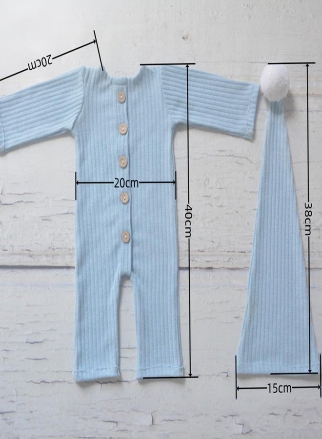 Vedory Newborn Baby Photo Shoot Props Girl Boy Crochet Knit Hat Costume Stripe Hat Pants Overalls Photography Props (Baby blue) - Image 3
